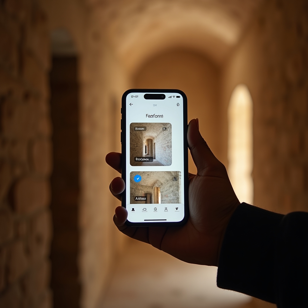 Persona che osserva foto prima e dopo di uno sgombero su uno smartphone