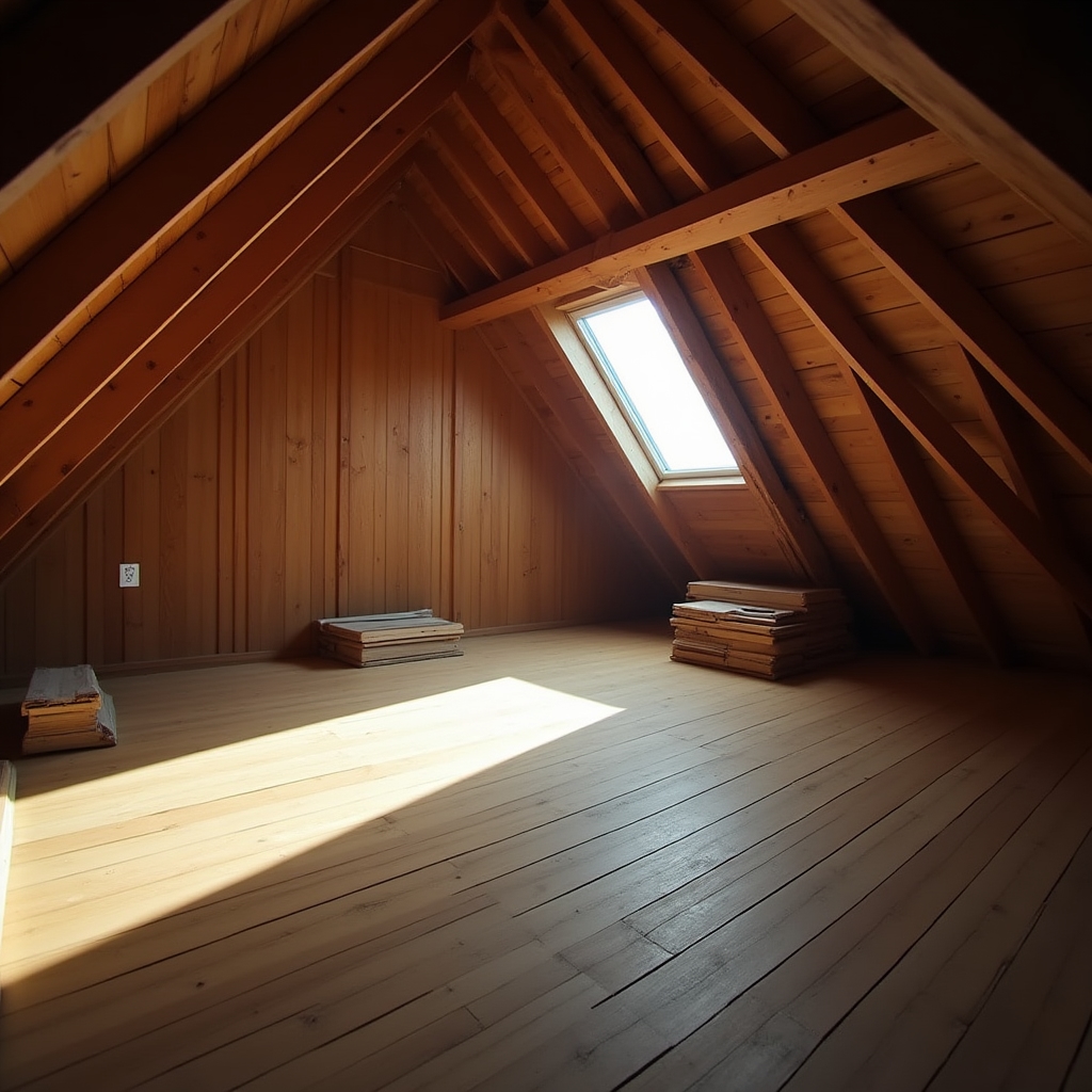 Soffitta con travi in legno pulita e liberata dagli oggetti accumulati